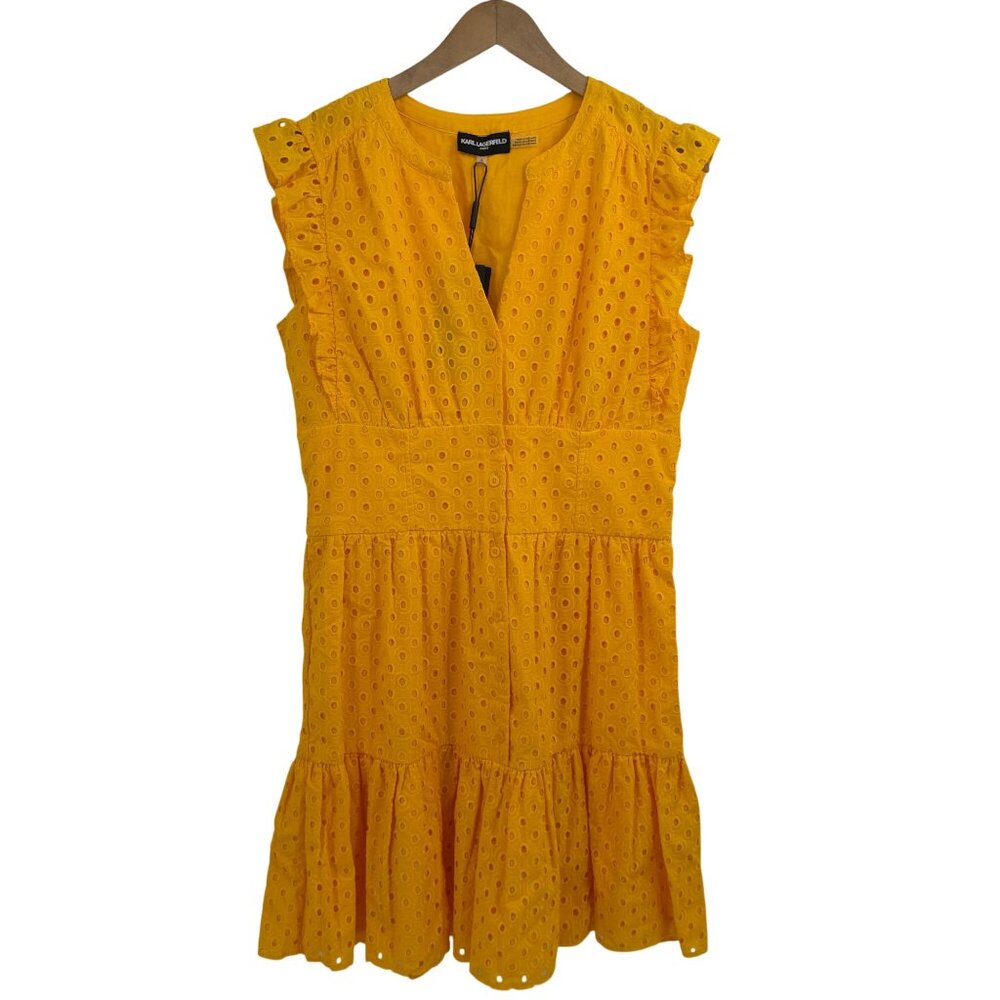 Karl Lagerfeld Paris eyelet knee length dress size 8 golden yellow button front